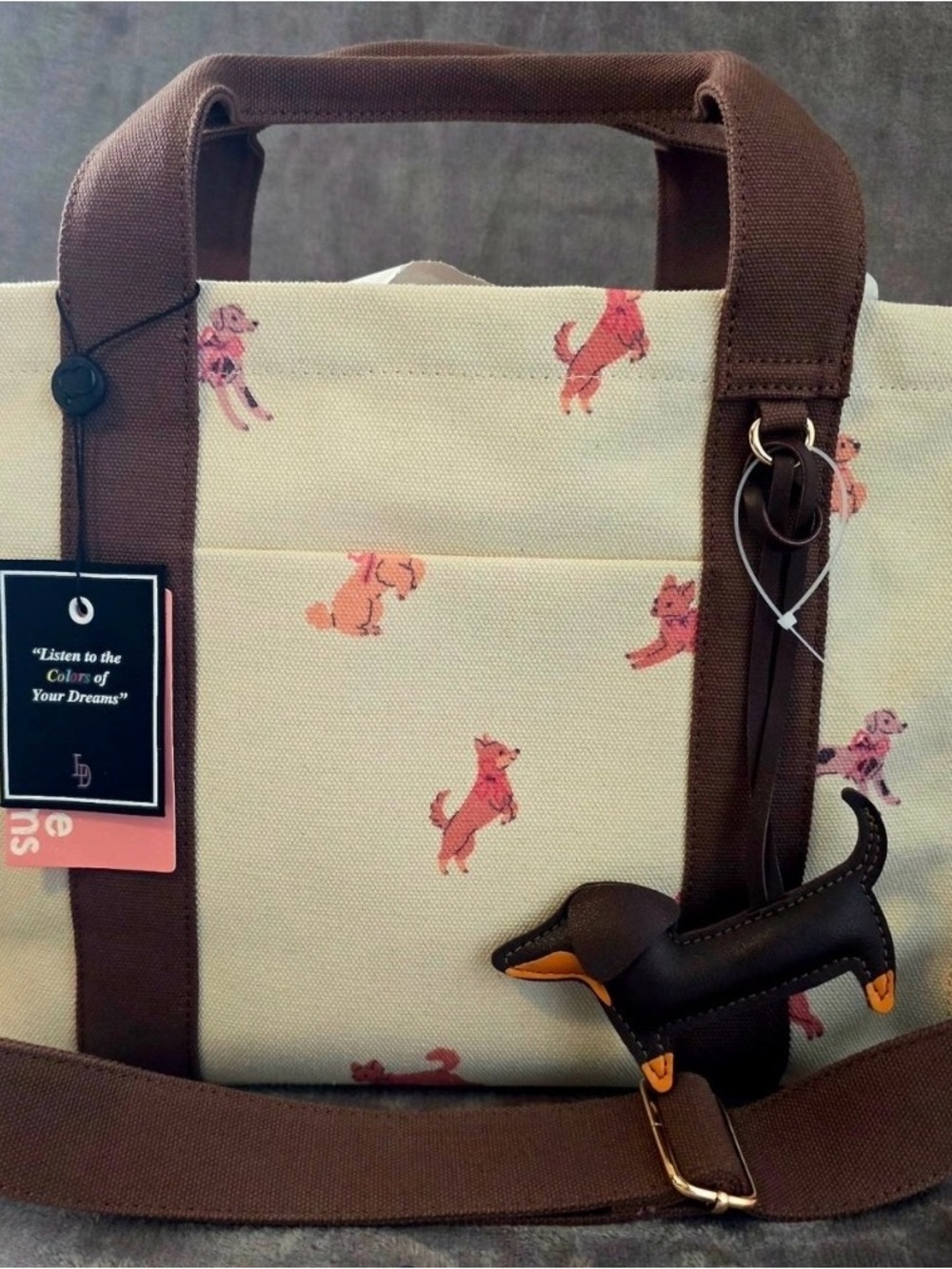 Canvas Tote with Dachshund Charm - Cream Canvas & Brown Trim